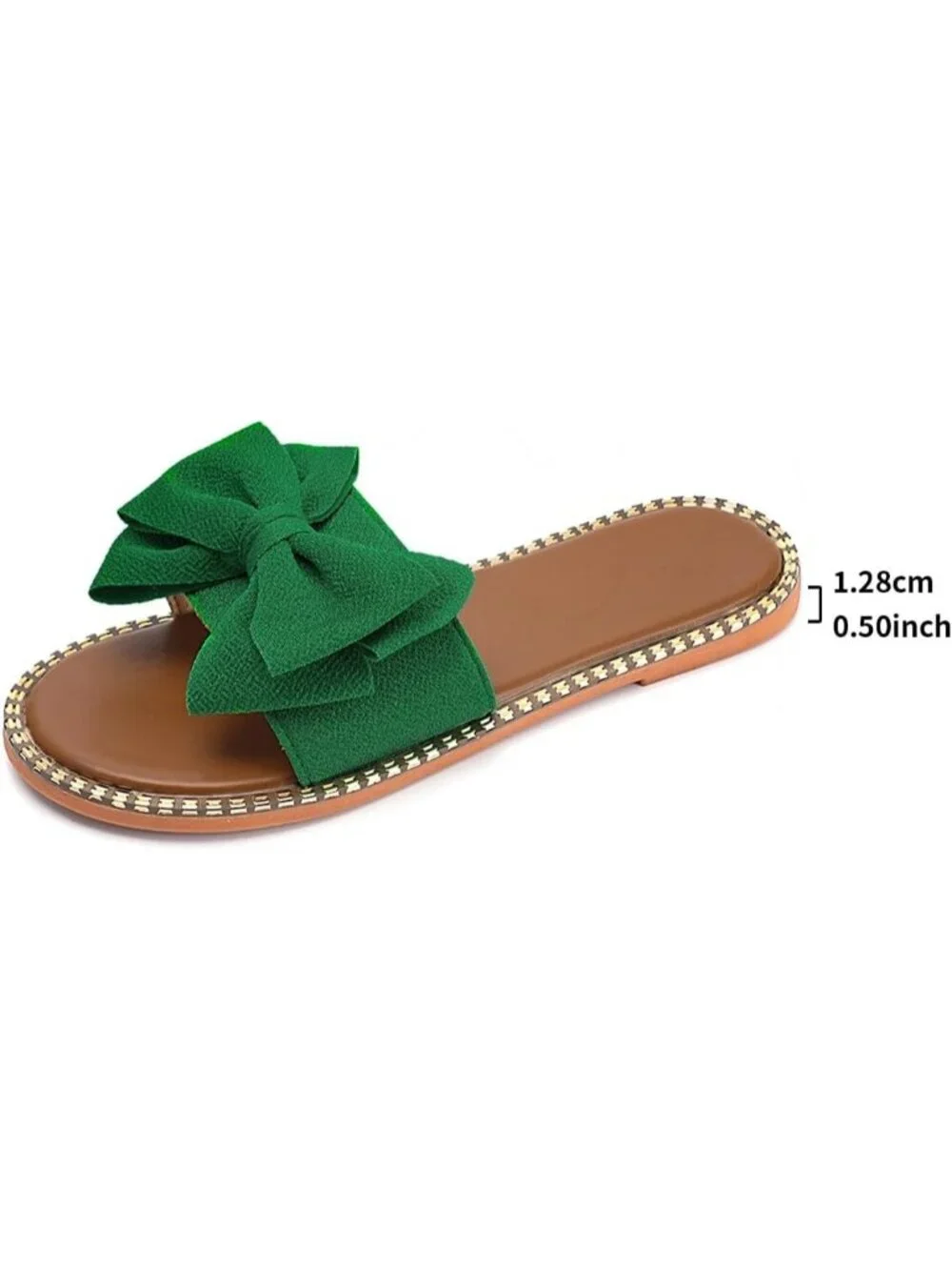 Women's Green Leather Bow Knot Slides Open Toes Flat Summer Slip On Sandals